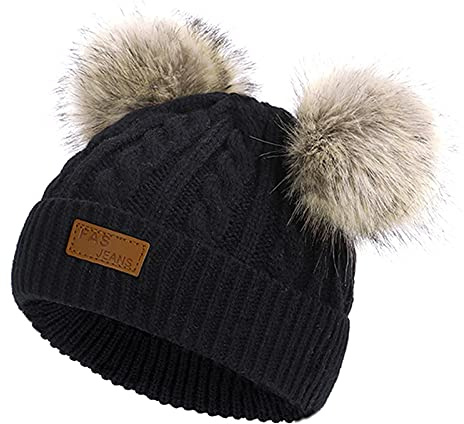 Baby Beanie Hat Double Pom Pom Toddler Beanies Warm Knit Infant Winter Hat Caps for Kids Boys Girls Black