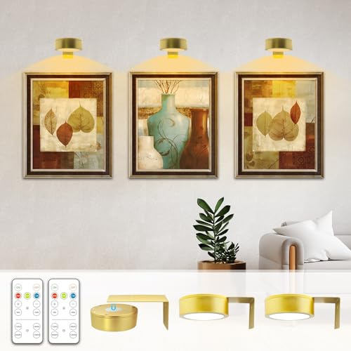 Arixinks Battery Picture Light 3Pack Gold,Wireless Painting Light with Remote,3 Lighting&Dimmable,Wall Art for Painting Accent Light &Timer for Pictures Frames Gallery Potrait Magnetic