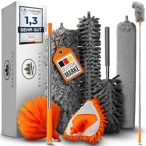 Birkental Staubwedel Teleskop lang [TESTSIEGER] im 7 teiligen Set, bis 2,50m ausziehbar und waschbar, Staubwischer, Mikrofasern Staubmagnet Magic Duster, Staubfänger Haushalt und Gewerbe