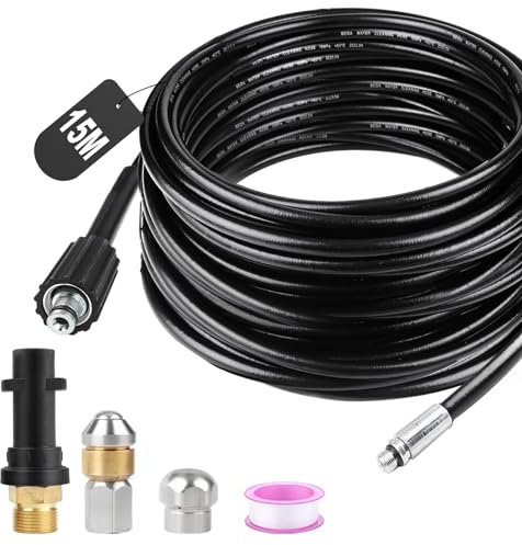 SWAWIS 15M Manguera Limpieza Tuberías Manguera Hidrolimpiadora 180 Bar Manguera Desatascador Tuberias a Presion con Boquillas Rígidas + Giratorias, Adaptador para Kärcher K2 K3 K4 K5 K6 K7