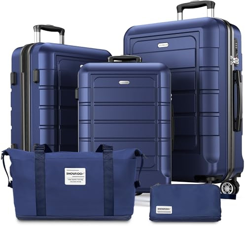 SHOWKOO Kofferset 5 Teilig Hartschale Leicht ABS+PC Erweiterbar Reisekoffer Haltbar Handgepäck Sets 4 Rollen TSA-Schloss mit 1 Reisetasche und 1 Kulturtasche - Blau