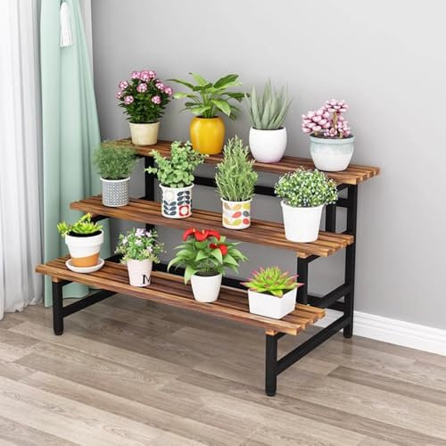KADEUX Étagère À Plantes À 3 Étages en Bois Escalier pour Plantes, Support Plantes Autoportant, Support De Fleurs pour Terrasse Porte Plante Angle avec Structure en Métal(Black Frame,100cm)