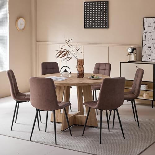 DEYARNA HOME Matgrupp 7 delar, 120 cm runt matbord och 6 matstolar i konstläder, bord och 6 stolar för kök, vardagsrum, balkong, restaurang, kontor ljusfärgad + mörkbrun)