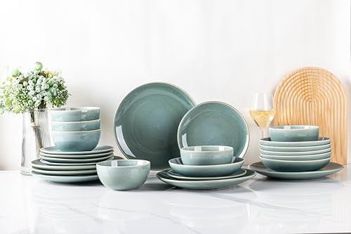 GBHOME Ceramic Dinnerware Sets for 6, 24 Pieces Stoneware Plates and Bowls Sets, Reactive Glaze Dishes -Scratch Resistant, Dishwasher&Microwave Safe，Malachite Green（Service for 6.24pcs）