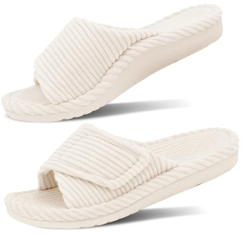 GRITHEIM Women's Orthopedic Arch Support Slippers Fuzzy Adjustable Orthotic Slippers for Plantar Fasciitis Ladies Furry Supportive Corduroy Memory Foam Open Toe Gift Slide (Beige, US 9 Medium)