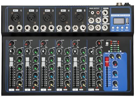 7 Kanal Bluetooth Audio Mixer, DJ Mischpult Live Audio Mixer mit USB-Audio-Schnittstelle, Bluetooth Mischpult Musikmischpult Konsole Mixing VerstäRker 6 Musikmodi, für Karaoke Stage Aufnahme, Heim-KTV