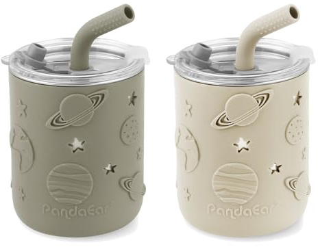 PandaEar Paquete De 2 Vasos De Acero Inoxidable Para Niños Con Tapas Y Fundas De Silicona | 260 ml Vasos Antiderrames Con Tope Para Pajilla Y Pajillas Suaves Para La Dentición De Bebés (Beige Y Caqui)