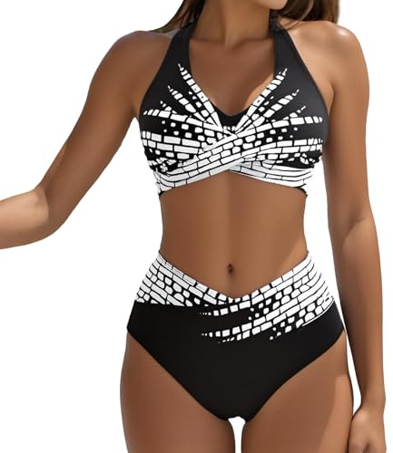 Women's High Waisted Bikini Set Beach 2 Piece Swimsuit Tummy Control Bikini Set Bikinis Sexy Beach Vacation Clothes for Women Beach Swimsuit (UK, Alpha, L, Regular, Regular, Black)