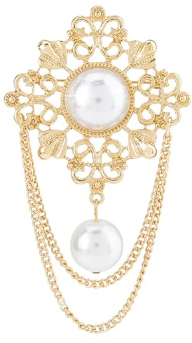 SUPERFINDINGS Broche de perlas vintage dorado con borlas y flores, elegantes broches de solapa florales para mujer, broches de moda para boda, 8,2 x 4,7 cm