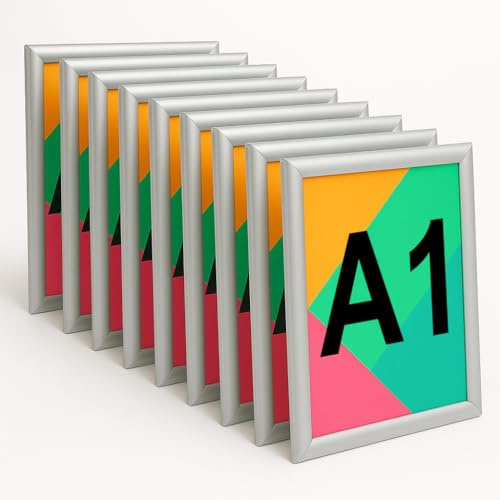 Aluanz Marco plegable A1 plateado, juego de 10 unidades, barra de fotos, marco intercambiable con lámina antirreflectante, listón de póster para montaje en pared, marco de póster vertical y horizontal