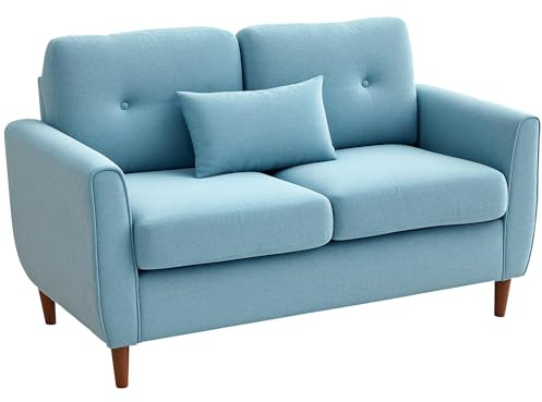 HOMCOM Sofá de 2 Plazas, Tapizado en Lino, Sofá de Salón Moderno con Reposabrazos, Patas de Madera, Cojín Decorativo con Funda Lavable, para Dormitorio, Oficina, 140x78x83 cm, Azul Claro