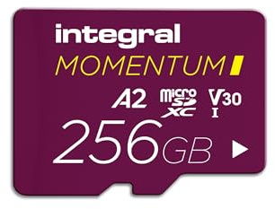 Integral Momentum I - Scheda microSDXC da 256 GB, UHS-I, fino a 210 MB/s in lettura, 180 MB/s in scrittura, V30, U3, A2, CL10-4K/5K UHD per GoPro, Droni DJI, Action e 360 Cam, impermeabile, antiurto