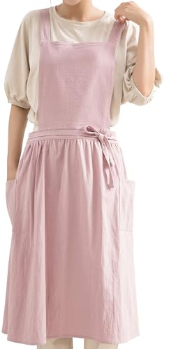 KITCHIEF Cotton Linen Pinafore Apron Dress for Women with Pockets Chef Aprons Cross Back Apron for Kitchen Baking Painting (Pink)