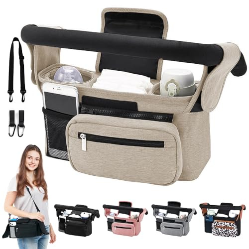 HINATAA Organiseur de poussette pour bébé avec 2 porte-gobelets, organisateur de poussette avec bandoulière et 2 crochets sécurisés, accessoires de poussette avec poche zippée (kaki)