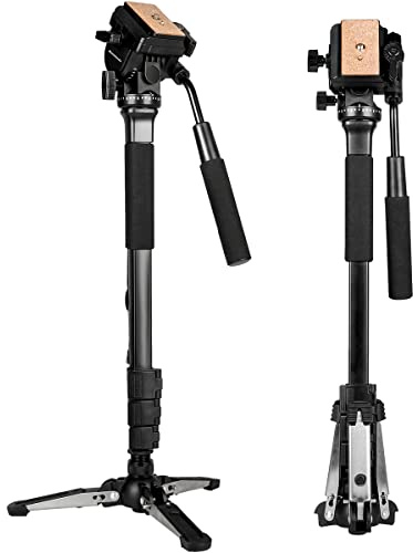 Monopié Extensible de Aluminio con Cabezal Fluido y Base de trípode Plegable para cámara DSLR. Altura máxima: 148 cm. Carga útil de hasta 3 kg.