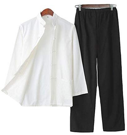 G-Like Herren Anzug Chinesischer Stil - Traditionelle Kampfkunst Kung Fu Tai Chi Wushu Klassisch Tangzhuang Langärmelig Hemd Hose Training Uniform Frühling Herbst Freizeit Kleidung (Weiβ&Schwarz, XXL)