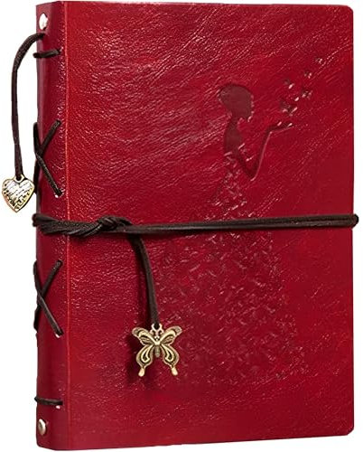 MINGZE Fotoalbum, zum Selbstgestalten Leder Scrapbook Album Schwarze Seiten Fotobuch zum Einkleben Fotoalben, Valentinstag Geburtstag Jahrestag Geschenk, Schmetterlingsmädchen (Klein rot)