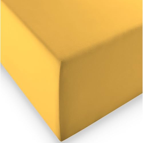 fleuresse 1119 XXL Jersey Stretch Spannbetttuch (96% Baumwolle, 4% Elasthan), mit Rumdumgummizug, Ökotex 100, für Matratzen bis 40 cm Höhe, 140 x 190-160 x 220 cm, Sonnengelb