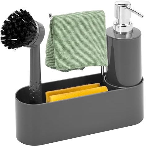 bremermann Spülbecken Organizer für Küche & Bad, Spülutensilienhalter inkl. Seifenspender, Spülbürste mit Bürstenkopf und Spültuchhalter, mit Ersatzbürstenkopf und Pumpe, grau