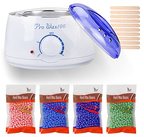 Nimokong Elektrischer Wachswärmer, Warmwachs, Wachswärmer, Warmwachs, Haarentfernung, Wachs, Haarentfernungsset, 4 x 100 g, Wachs, 20 Gesichtsspateln, Achselhöhlen, Beine