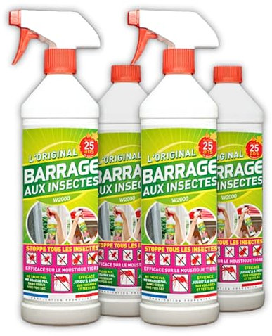 Barrage aux Insectes W2000 - Lot de 4x1L avec 2 Vaporisateurs - Stoppe tous les Insectes Volants et rampants - Jusqu'à 6 Mois de Protection