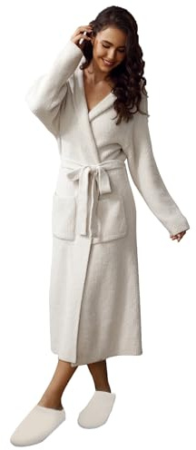 MH MYLUNE HOME Ultra Soft Robe With Pockets, Spa Bathrobe Loungewear Calf-Length, Plush Fuzzy Fluffy Wrap Robe for Women, Women's Robes, Hooded Ribbed Taupe