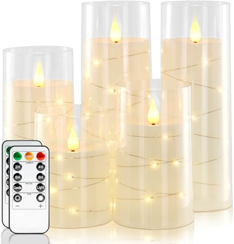 Homemory Pure White Flameless Candles with Embedded Star String Fairy Lights, Battery Operated Candle, LED Candles, Fake Candles with Remote Control and Timer, Set of 5(H4 5 6 8 8)