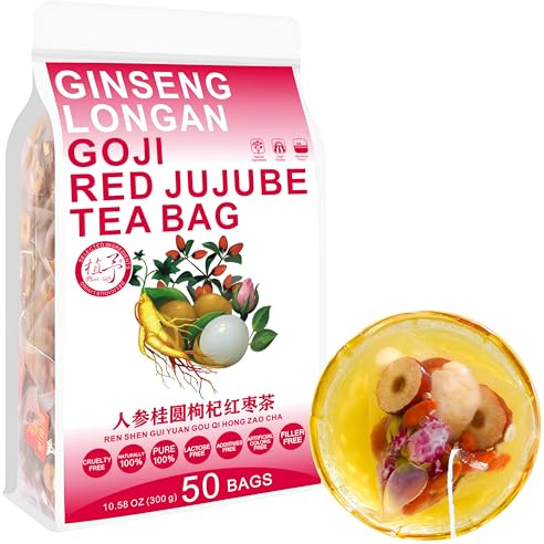 100% Pure Natural Herbal Tea, Ginseng Longan Goji Tea Bag, 300g/10.58oz (6g*50bags) REN SHEN GUI YUAN GOU QIHONG ZAO CHA Goji, Brown Sugar, Red Bean, Peanut, Caffeine Free, No Additives, Non-GMO