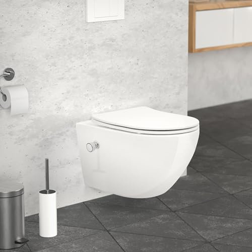 ECD Germany WC Suspendu sans Rebord Blanc Long 54 cm en Céramique, avec Fonction Bidet, Toilette Murale avec Abattant Amovible à Fermeture Automatique en Duroplast, Cuvette à Chasse d'Eau Profonde