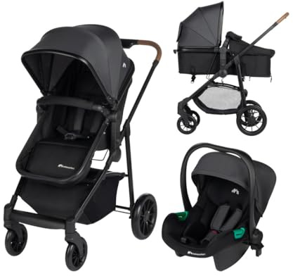Bebeconfort Haze Trio Poussette bébé 3 en 1, 0-4 ans, max. 22 kg, siège 2 en 1, réversible et léger, poussette, siège auto i-Size, pliable compact, panier spacieux, gris foncé