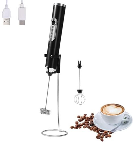 FIOUSY Handheld Electric Milk Frother with Stand, 2 Heads, Coffee Whisk Foam Mixer with USB Rechargeable 3 Speeds, Foam Maker Blender for Latte, Cappuccino, Hot Chocolate, Egg (Black with Stand)