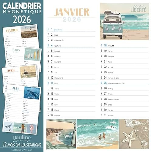 Calendrier Magnétique 2026 Affiche Dessin Pauline Launay Vacances Format 15x21cm (AJZ979)+ offert un agenda de poche 2026