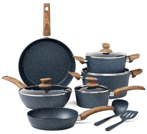 Kitchen Academy Nonstick Pots and Pans Set - 12 Pieces for Induction - Blue Granite