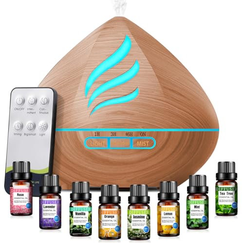 Essential Oil Diffuser 500ml mit 8 Diffuser Oil, Aromatherapie-Diffusoren, Lufterfrischer, Luftbefeuchter mit Fernbedienung, 4 Timer für Schlafzimmer