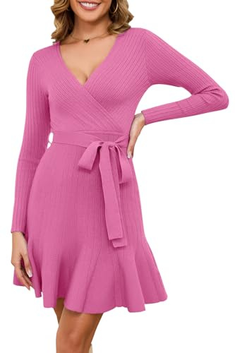 Arach&Cloz Jumper Dress for Women UK V Neck Winter Knitted Wrap Dress Long Sleeve Casual Party Dress with Belt (Pink,Large)