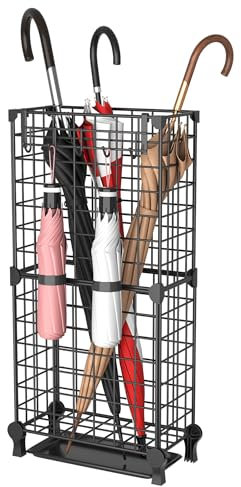 AWTATOS Umbrella Holder Entryway, Umbrella Stand Freestanding, Metal Square Umbrella Rack Organizer for Cans, with a Removable Drip Tray, Hooks, Black