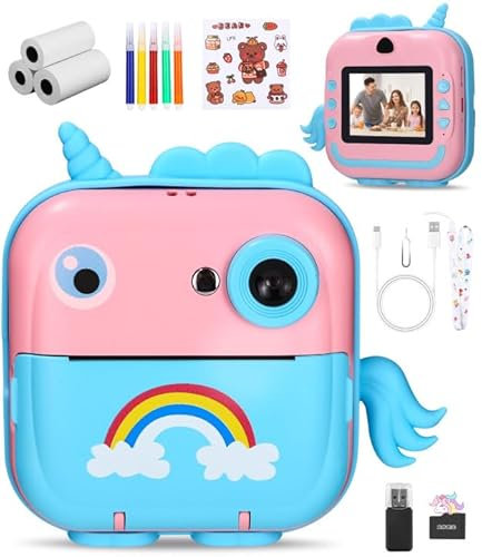 Kinderkamera Sofortbildkamera, Digitalkamera für Kinder,mit 1080P HD-Bildschirm, 32GB TF-Karte, 5 Farbstiften und USB-Kartenleser,für Kinder von 3-12 Jahren (Rosa und Blau, ‎16 x 13.5 x 5.8)