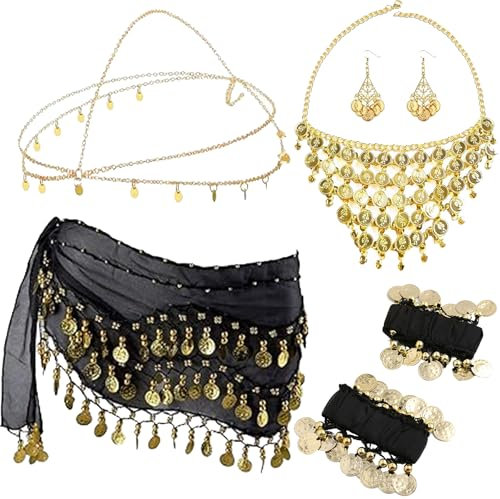 Auzlya 7 Set Bauchtanz Accessoires Damen mit Münztuch, Ohrringe, Halskette, Stirnband, Armbänder für Carnival und Mottoparty - Araber-Kostüm