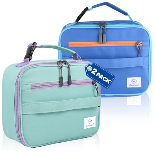 Genteen 2 Packs Insulated Soft Lunch Bag With Double Zipper - Sturdy, Freezable and Reusable for Kids, Men - For School, Work, Outdoor (Blue+Green)