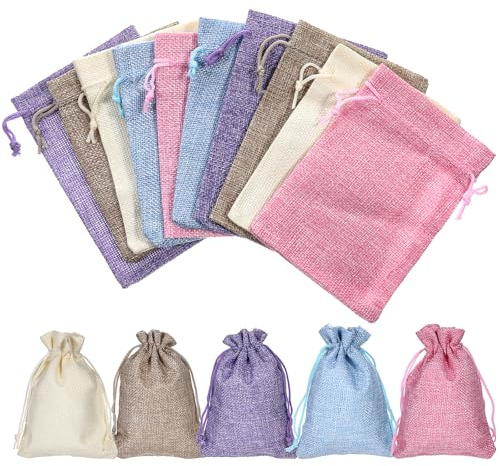 Bewudy 15 Burlap Bags with Drawstring, Mixed Color Drawstring Gift Bag, Jewelry Pouch Hessian Bags Burlap Sacks for Wedding Party Favors DIY Craft (3.94 x 5.9Inch)