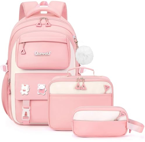 Amythe Ensemble de Sac à Dos Fille Primaire 3 Pièce, Cartable Enfant Scolaire avec Sacs à Déjeuner et Trousse Crayon, Sac Ecole Fille pour CP CE CM 6 à 12 ans-Rose