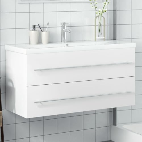 Qnhdfrt Mobile sottolavabo bianco con vasca da incasso, sottile 100 cm, con cassetto, vasca in ceramica per riporre il bagno