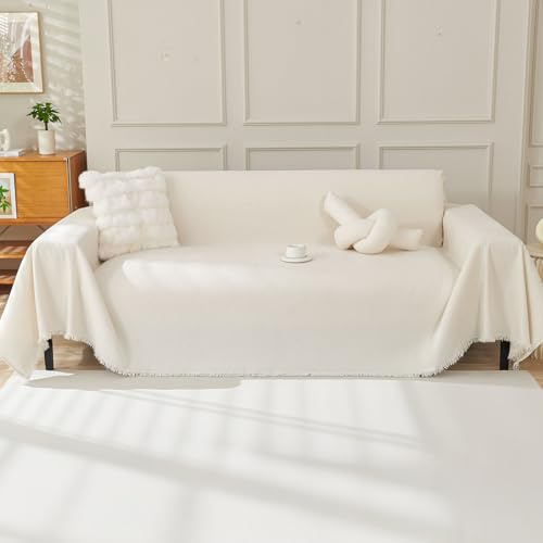 OstepDecor Housse de Canapé 1/2/3/4 Places, 180 x 300 cm, Jeté de Canapé en Chenille Douce, Protège-Canapé Tous Les Saisons, Antitache et Facile à Nettoyer (Crème Uni)