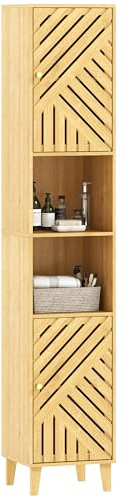 HOMCOM Armario de Baño Alto con Puertas y Patas de Bambú, Columna de Baño Estrecha, 32x30x170 cm, Estantes Regulables, Compartimento Abierto, Natural
