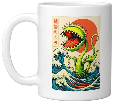Carnivorous Plant Venus Fly Trap Japanese Ukiyoe Grand Wave Ceramic Mug, White