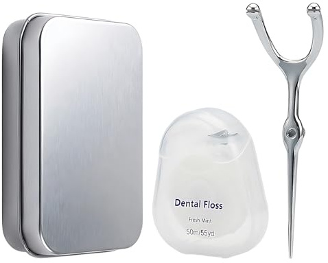 Soporte de hilo dental reutilizable, palo de hilo dental para higiene bucal diaria, juego de cuidado dental de viaje, soporte de hilo dental de metal con caja de almacenamiento, juego completo de 3