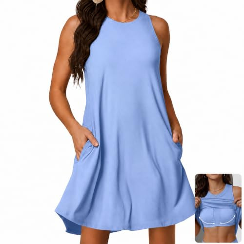 nnOuOnn Robe d'été pour femme avec soutien-gorge intégré 2026 - Robe d'été décontractée sans manches - Mini robe courte avec poches