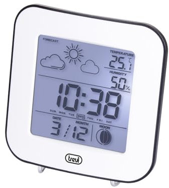 Trevi ME 3106 Stazione Meteo Digitale da Tavolo con Termometro e Igrometro, Orologio Sveglia 12/24h, Fasi Lunari, Calendario, Display LED Blu, Alimentazione a Batterie, Bianco