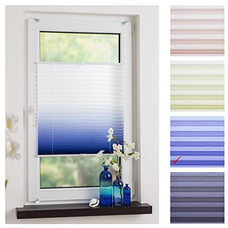 Liedeco® Klemmfix Plissee Farbverlauf verspannt inkl. Klemmträger/Breite x Höhe: 45x130 cm/Farbe: Blau/Plissee farbig/lichtdurchlässig verstellbar/Innen-Montage ohne Bohren / 123 montiert