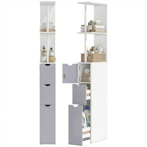 HOMCOM Colonna Bagno, Mobile Bagno Salvaspazio in Legno, Mobiletto con Armadietto, Ripiani e Cassetti, 15x33x136.8 cm, Grigio Chiaro